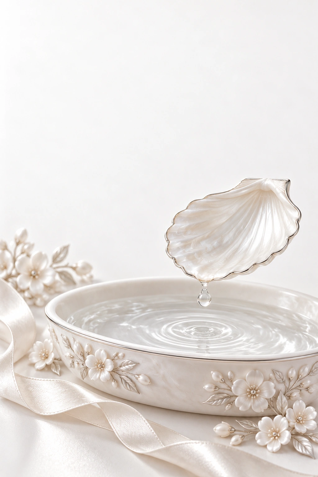 Concha de madrepérola sobre água cristalina, com uma gota e suaves círculos na superfície.